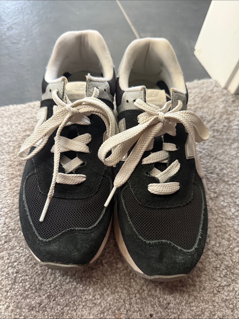 New Balance Black and White Platform Sneakers with Cream Laces